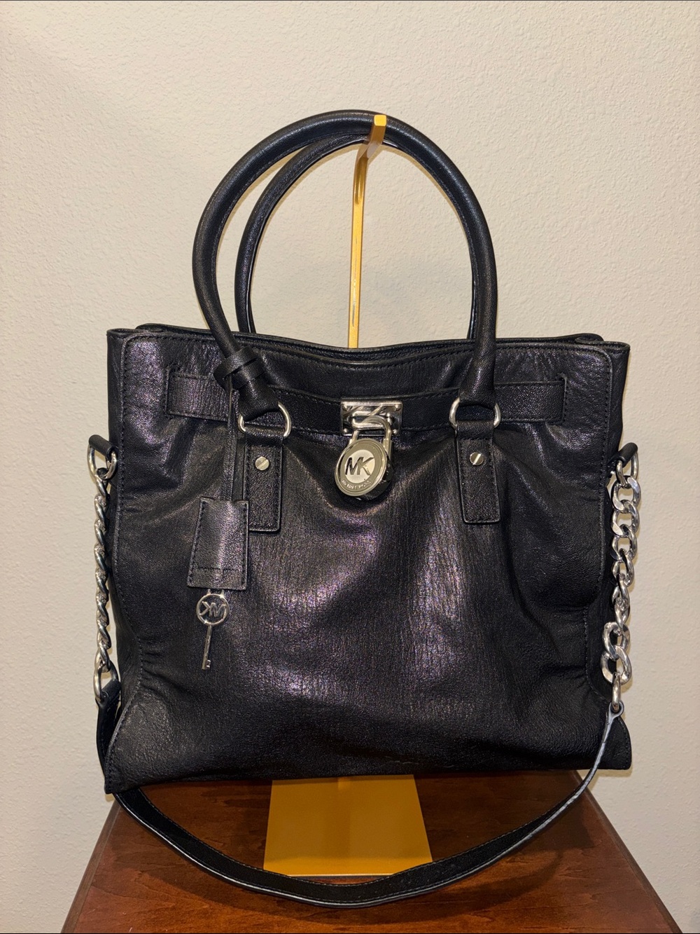 Michael Kors Black Leather Satchel with Silver Chain Accents